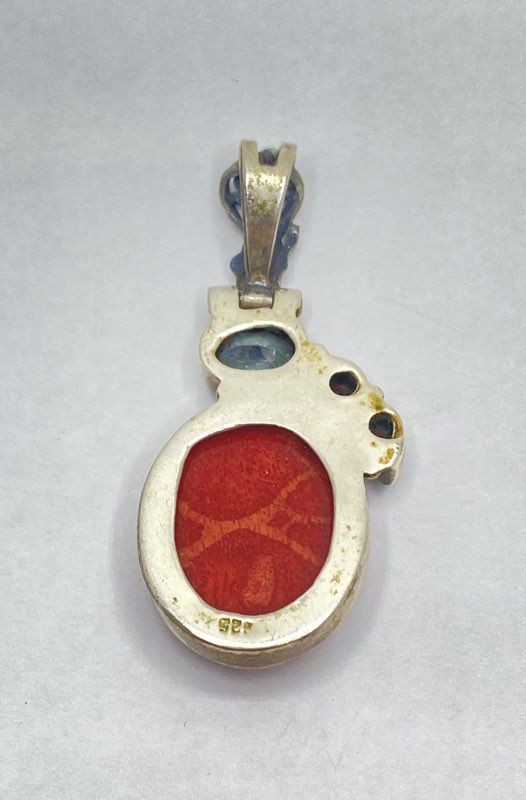 Sterling Silver 925 Red Oval Cabochon Mystic Topaz Multi-Stone Pendant 2″