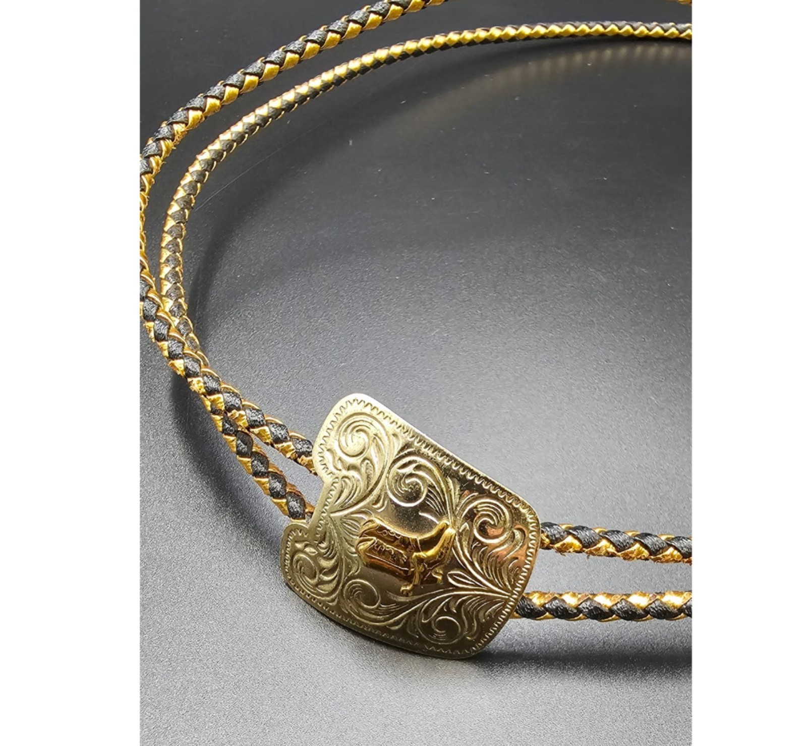 Vintage Two Tone Western Cowboy Boot Bolo Tie Gold Black Cord