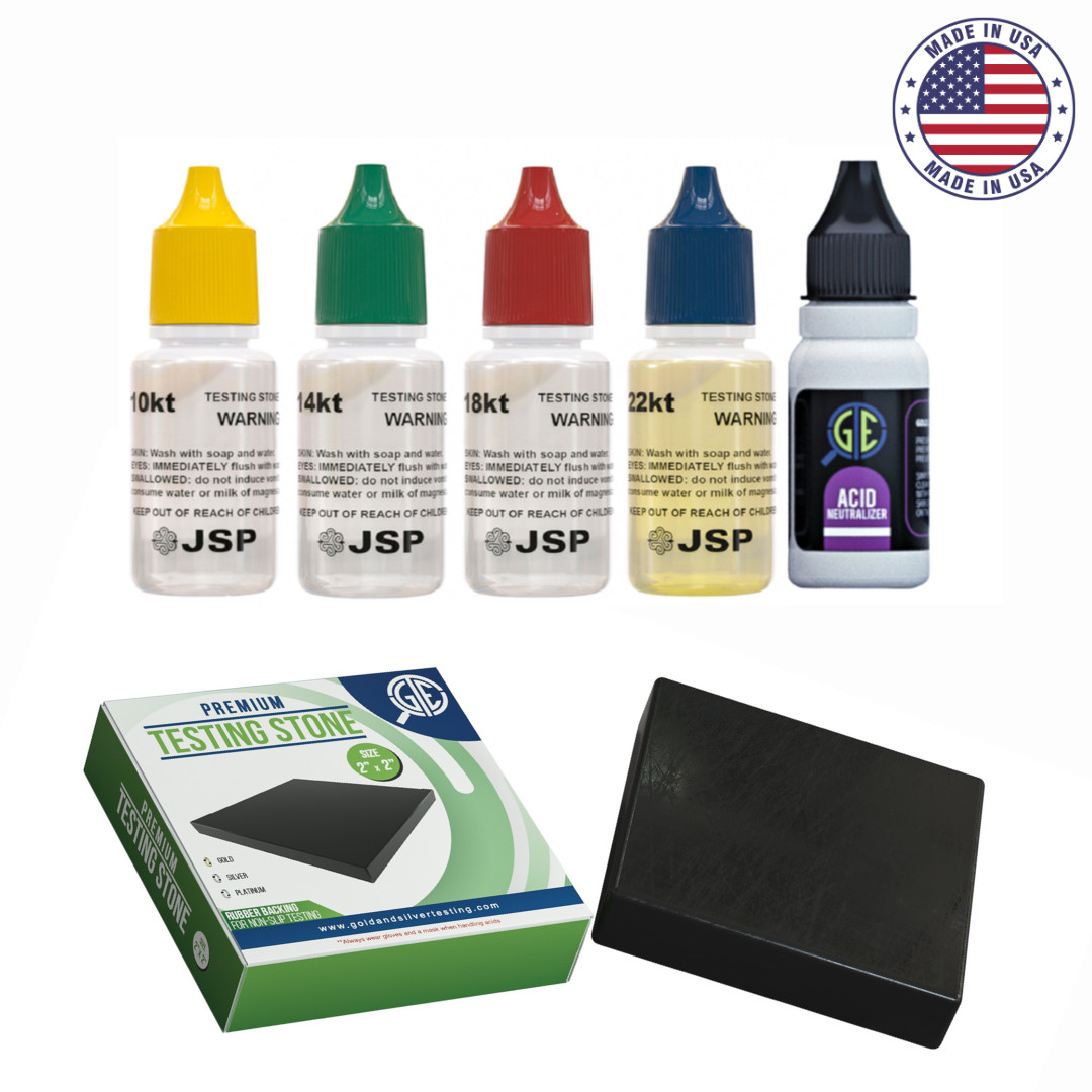 Gold Testing Kit 10k 14k 18k 22k Solutions Acids + Scratch Stone Test