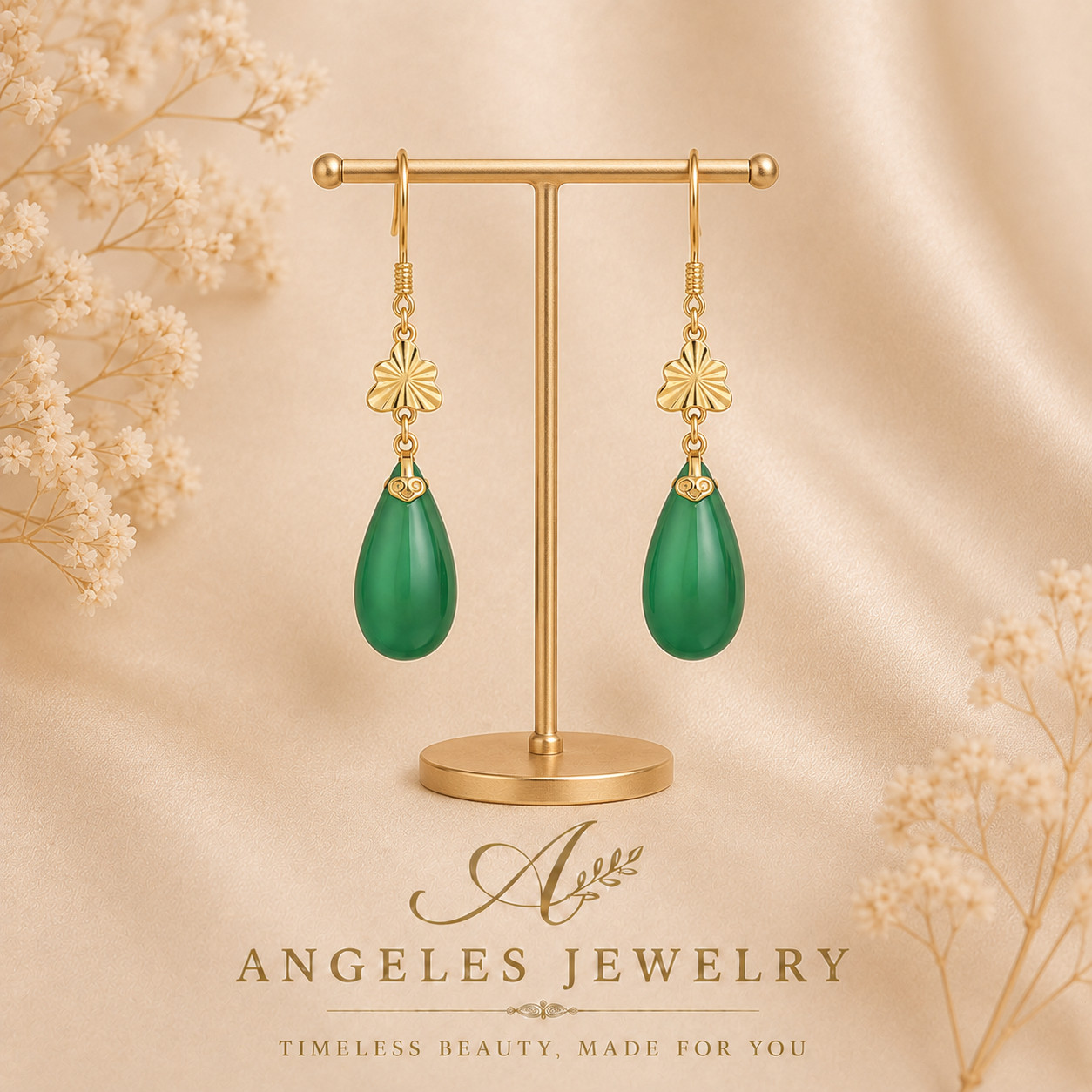Jade Drop Dangle Earrings Flower Gemstone Boho Minimalist Hook 18K Gold Plated