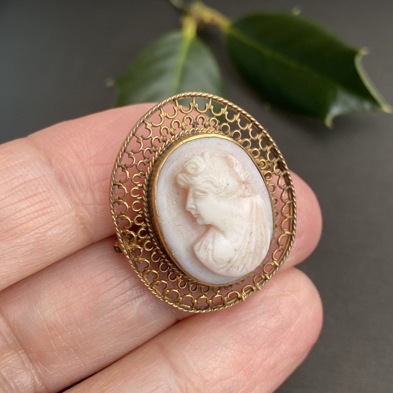 14K Yellow Gold Coral Cameo Brooch Antique Goddess Beauty Profile Fine Jewelry