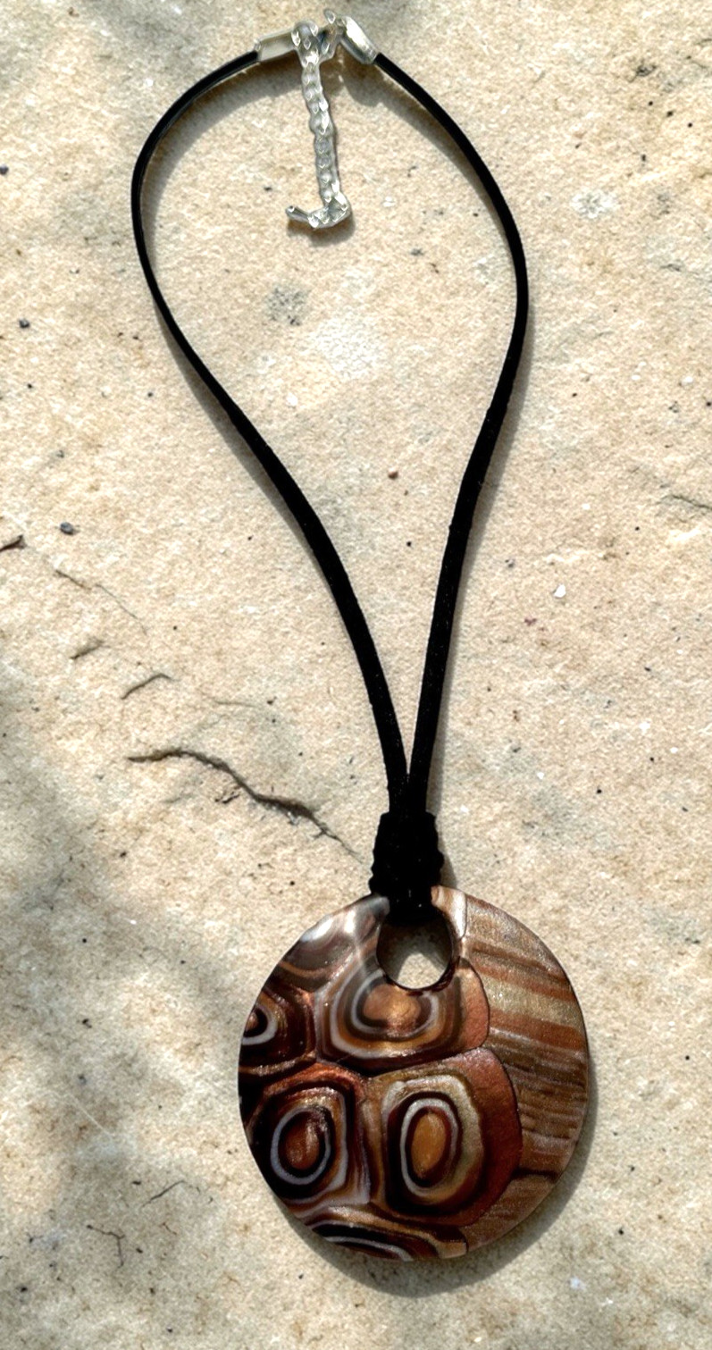 Handmade Metallic Copper & Bronze Polymer Clay Pendant Necklace on Black Cord SS