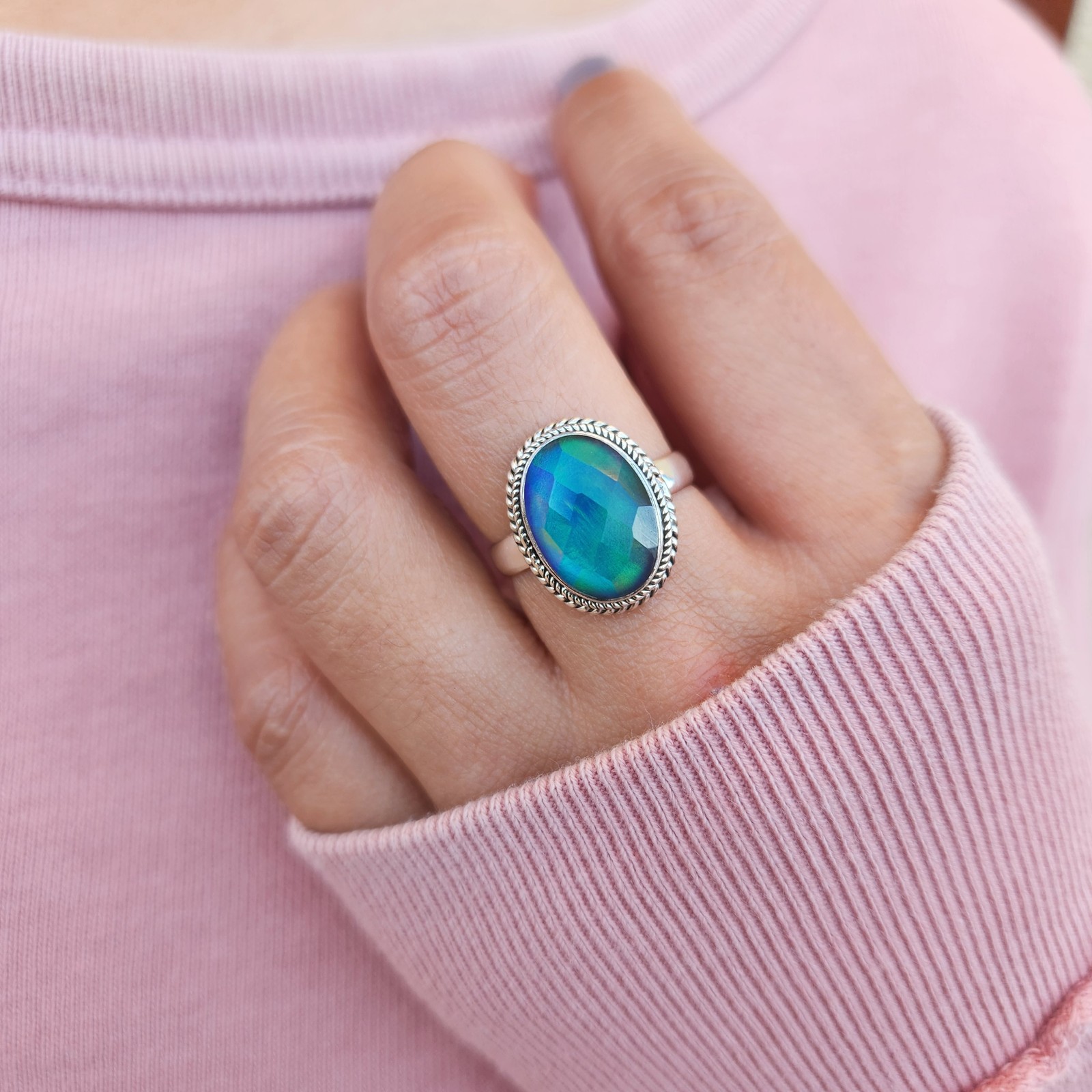 Aurora Opal Ring Aurora Borealis Ring 925 Sterling Silver Northern Light Ring