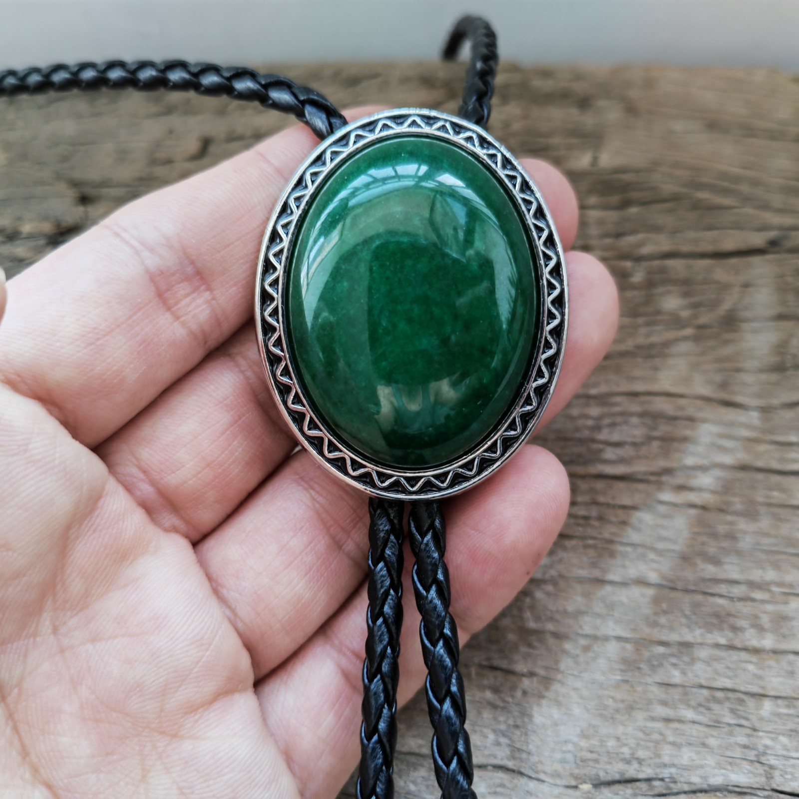 Dark Green Jade Mens Bolo Tie Wedding Necklace PU Leather Rope Western Cowboy