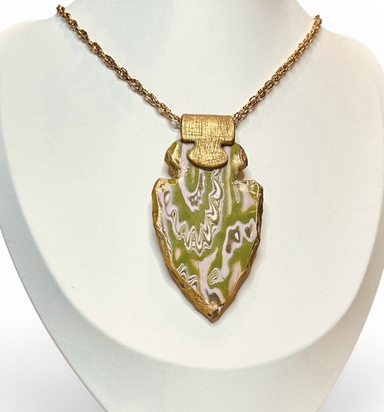 Handmade Green Pink & Gold Polymer Clay Pendant 18″ Necklace on SS Cable Chain