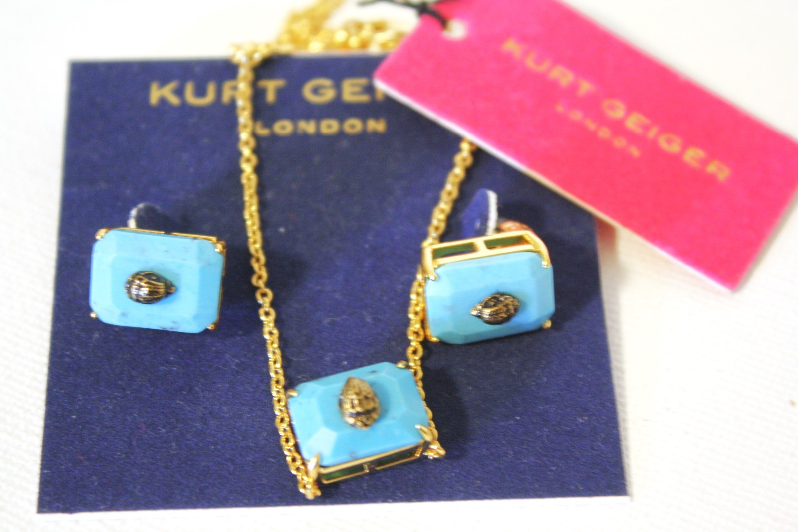 Kurt Geiger Blue Rectangular with eagle head earrings and match Necklaces NWT