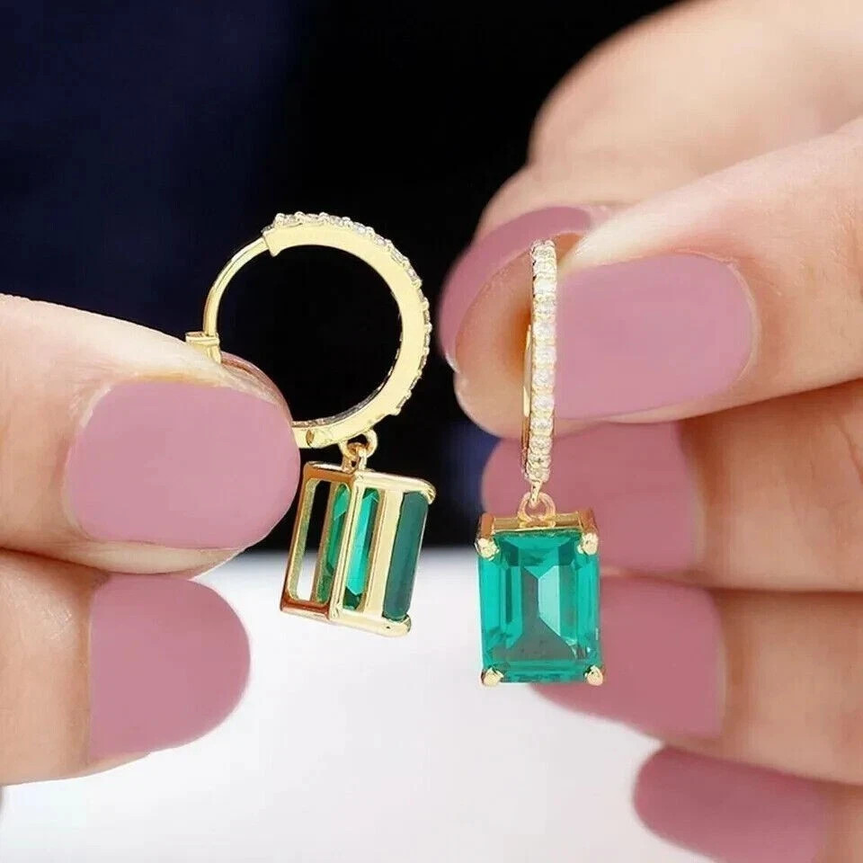 3Ct Emerald Cut Simulated Emerald Drop Dangle Earrings In 14K Yellow Gold Plated