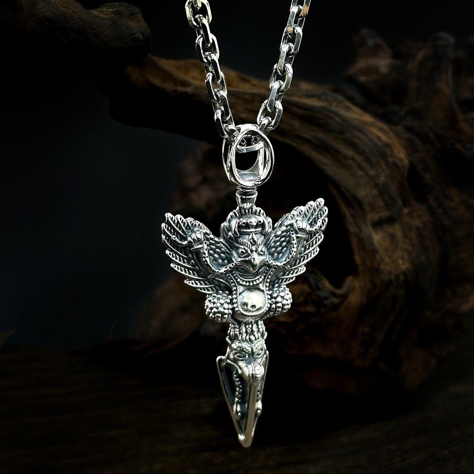 Solid 925 Silver Tibetan Garuda Phurba Dagger Pendant Mens Buddhist Amulet