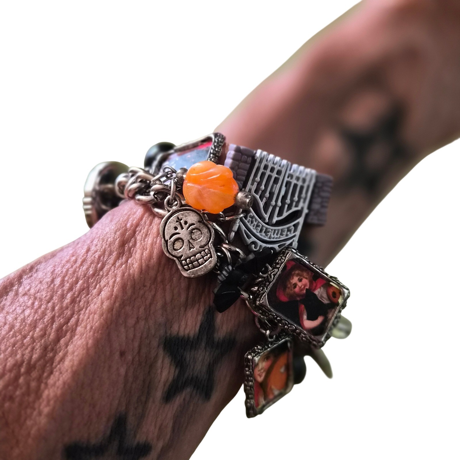 Halloween Charm Bracelet Vintage Style Spooky Skeleton Gravestone Gothic Jewelry