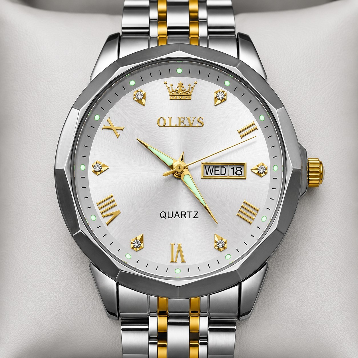 OLEVS Men’s Quartz Watch White Sunburst Dial Two-Tone Stainless Steel Day Date