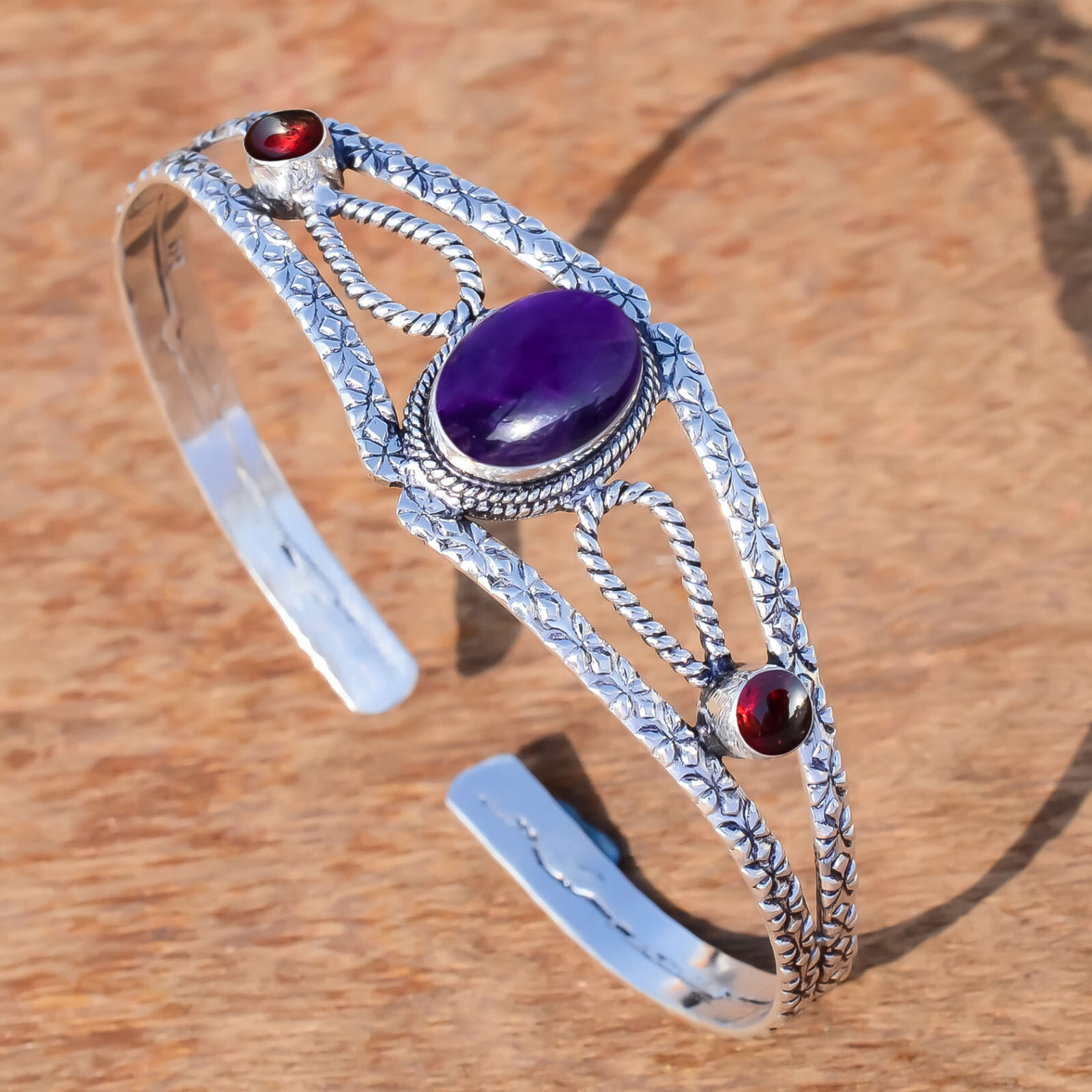 Purple Amethyst & Garnet Gemstone 925 Sterling Silver Bracelet For 1st Time Gift