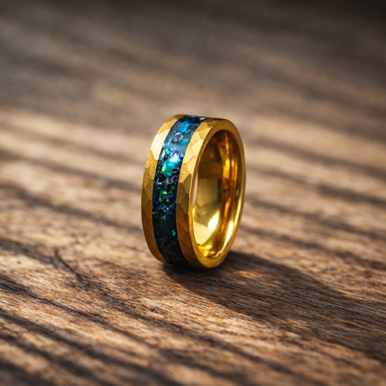 Men’s Hammered Gold Tungsten Wedding Band – Green Opal Meteorite Inlay, 8mm Band