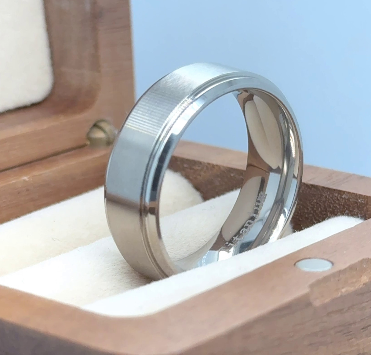 8mm Silver Titanium Band Satin Brushed Polished Edge Ring Husband Valentine Gift