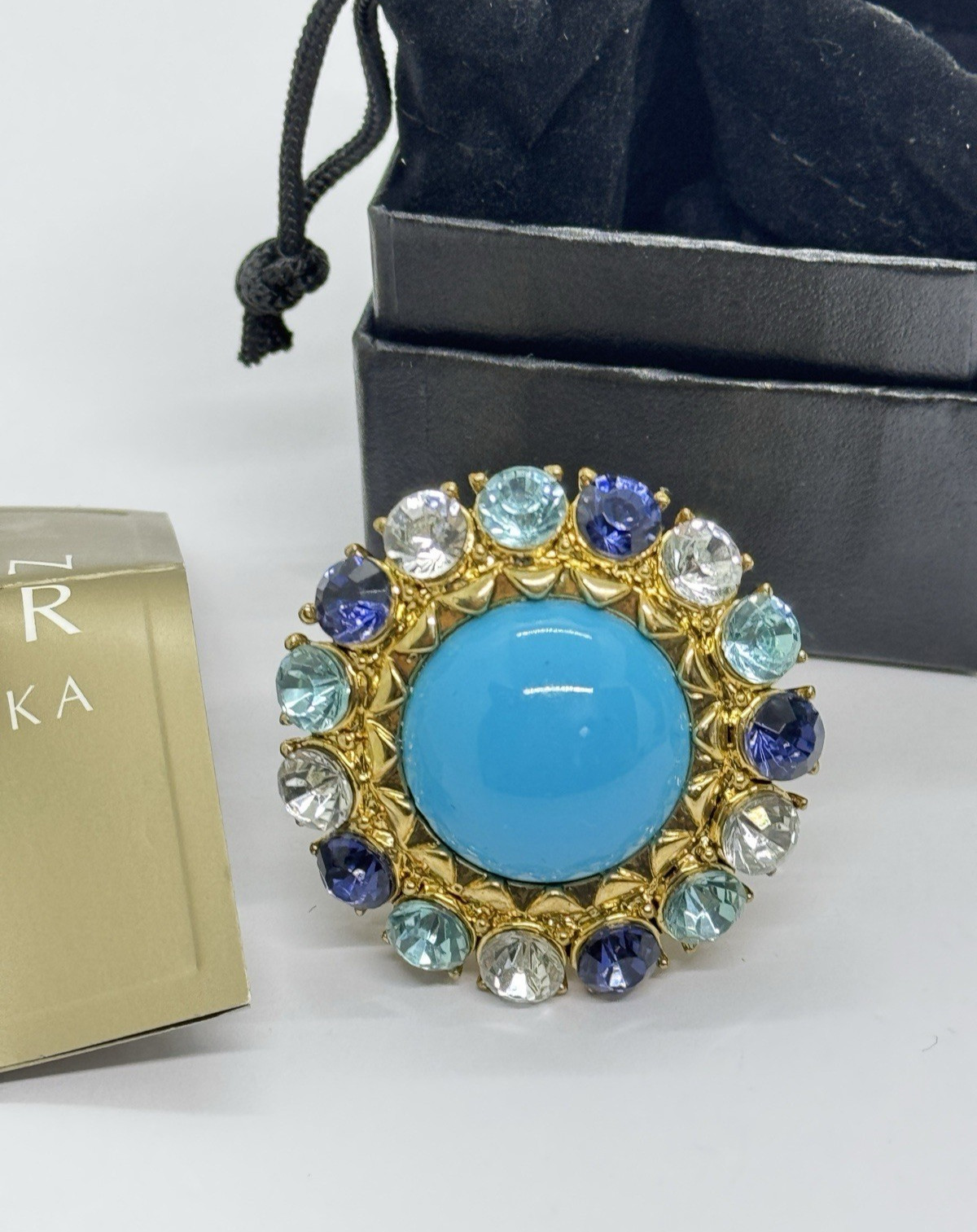 Badgley Mischka Turquoise Blue Clear Rhinestone Cocktail Ring Size 10