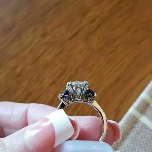 2Ct Round Created Diamond Sapphire 3 Stone Engagement Ring 14K White Gold Over