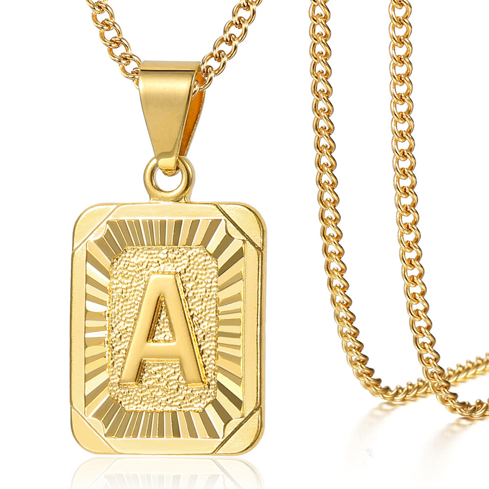 Gold Plated Initial Necklace Letter Pendant Stainless Steel Curb Chain Unisex