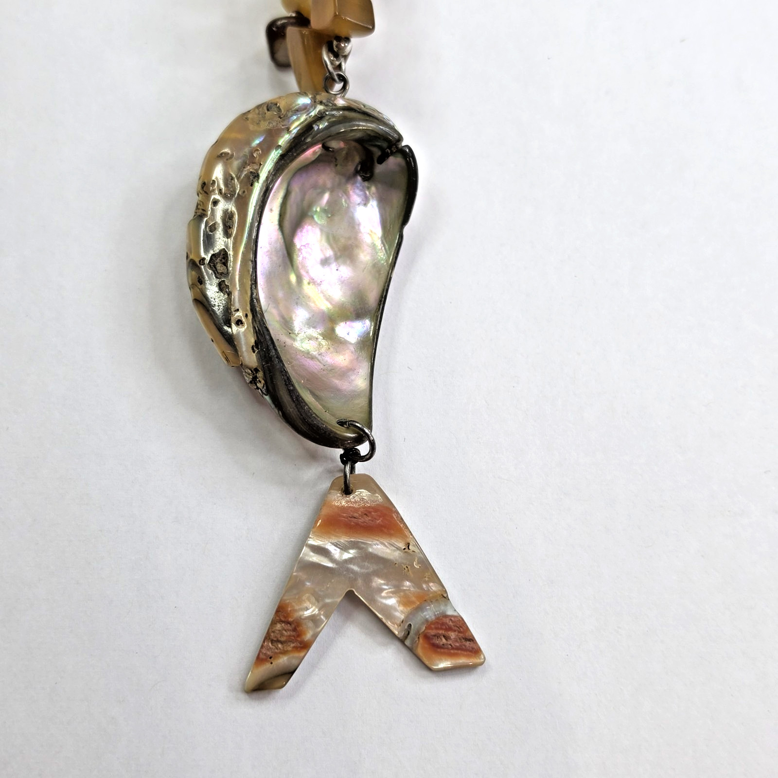 Handcrafted Beaded Necklace w/ Abalone Shell Freeform Pendant, Lobster Clasp