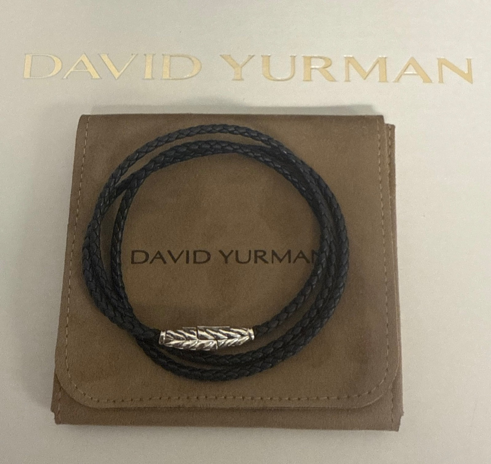 David Yurman .925 Sterling Silver Triple Wrap Black Leather Bracelet L