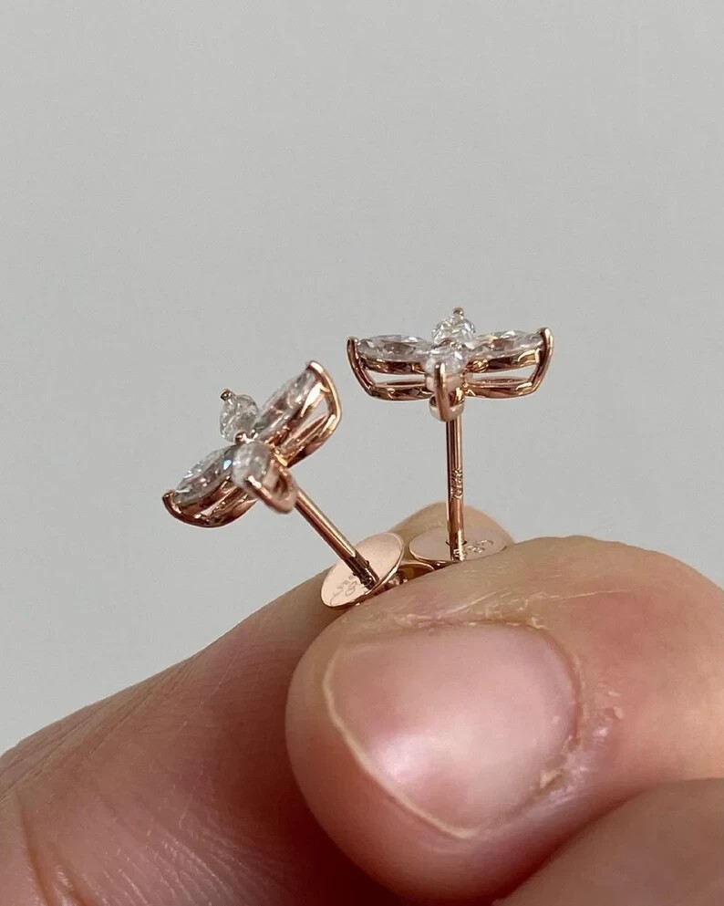 Flower Stud Earring 1.50Ct Marquise Cut Simulated Diamond 14k Rose Gold Plated