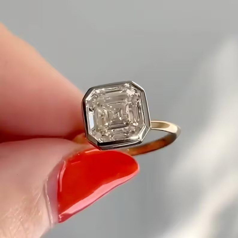 2.00 Ct Asscher Real Moissanite Bezel Engagement Ring 14k Yellow Gold Plated