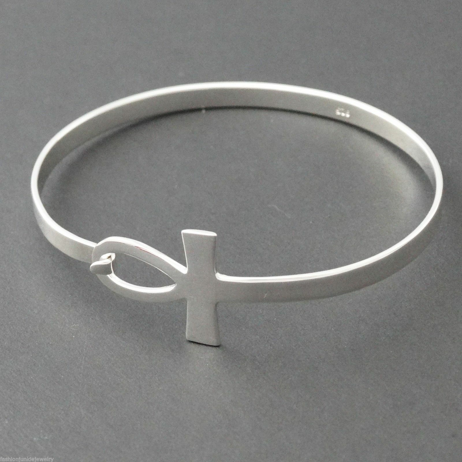 Sideways Ankh Bangle Bracelet – 925 Sterling Silver Egyptian Breath of Life