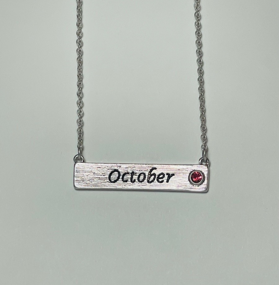 Personalized October Birthstone Necklace Bar Pendant Dainty Silver Plated