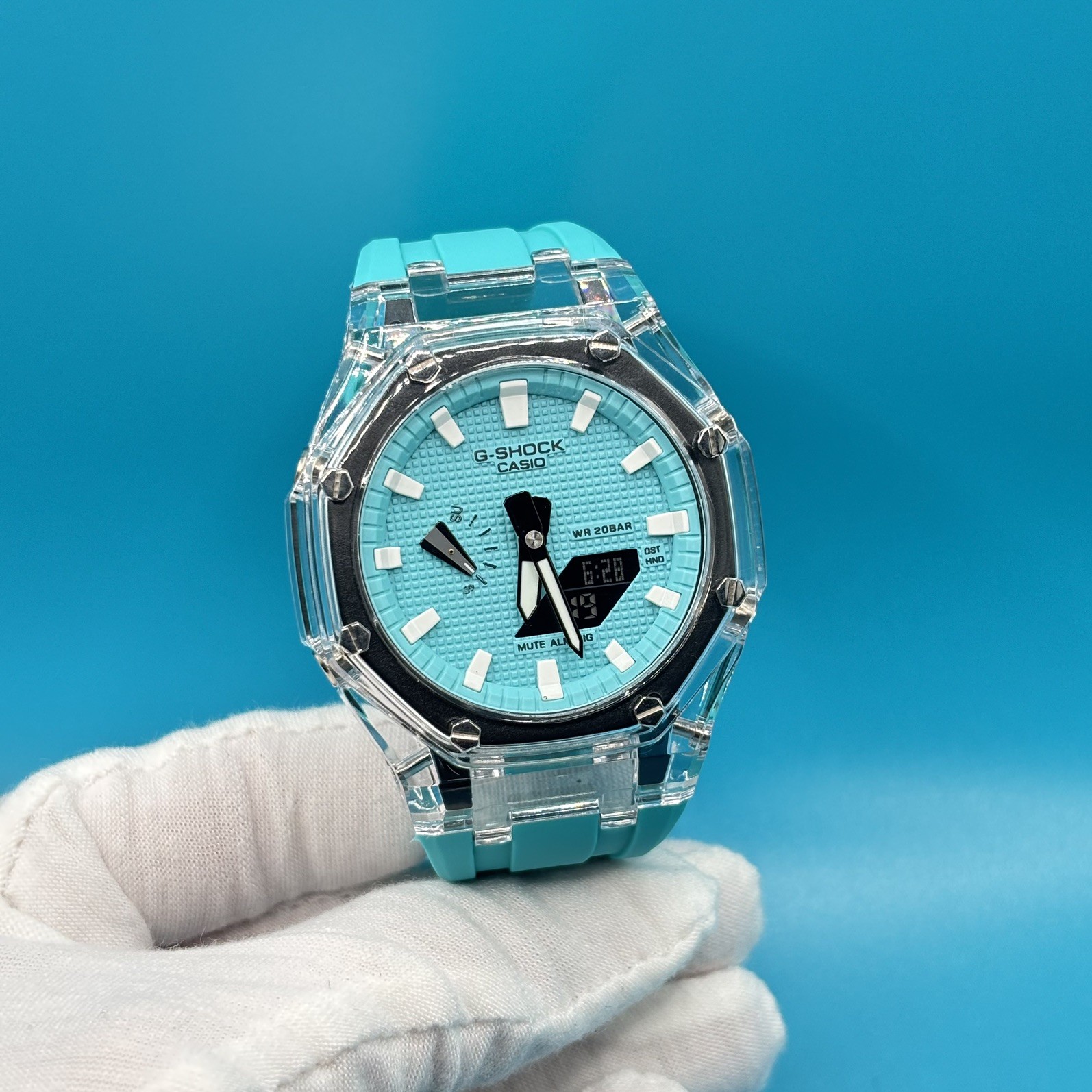 Custom GA-2100 Octagonal Watch Clear Case Sky Blue Dial Casio G-SHOCK Pool Blue