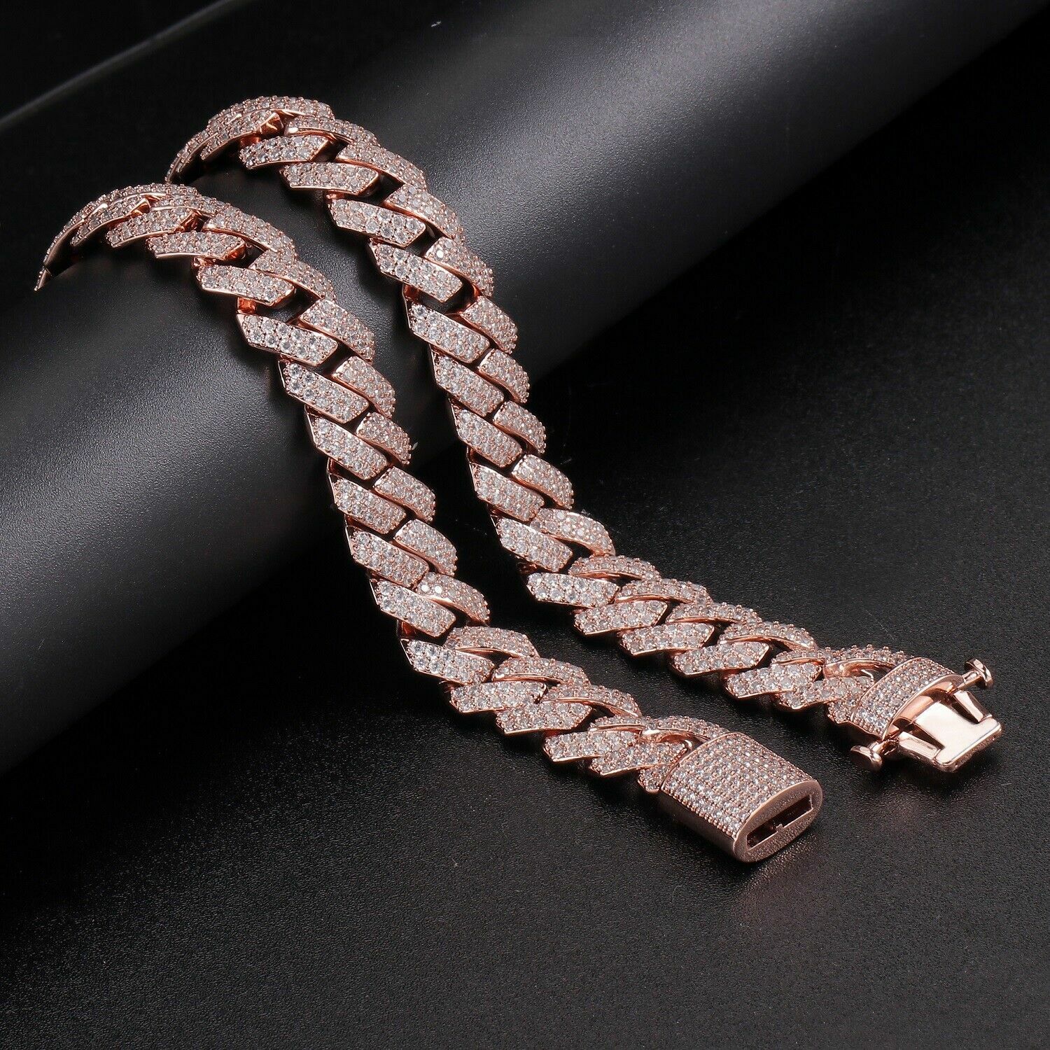 Men’s Rose Gold Plated Ice Out Chain Stainless Steel Miami Cuban Link Bracelet
