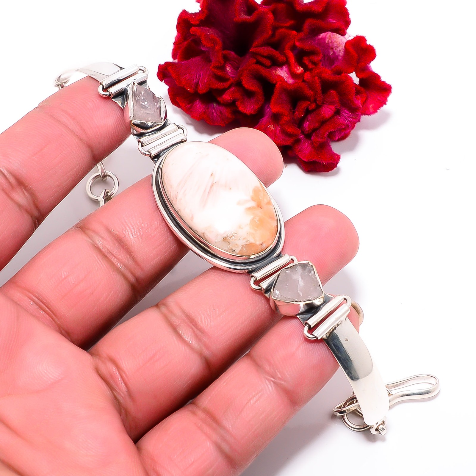 Orange Scolecite – India & Pink Rose Quartz 925 Silver Bracelet 7.99″ B10010959