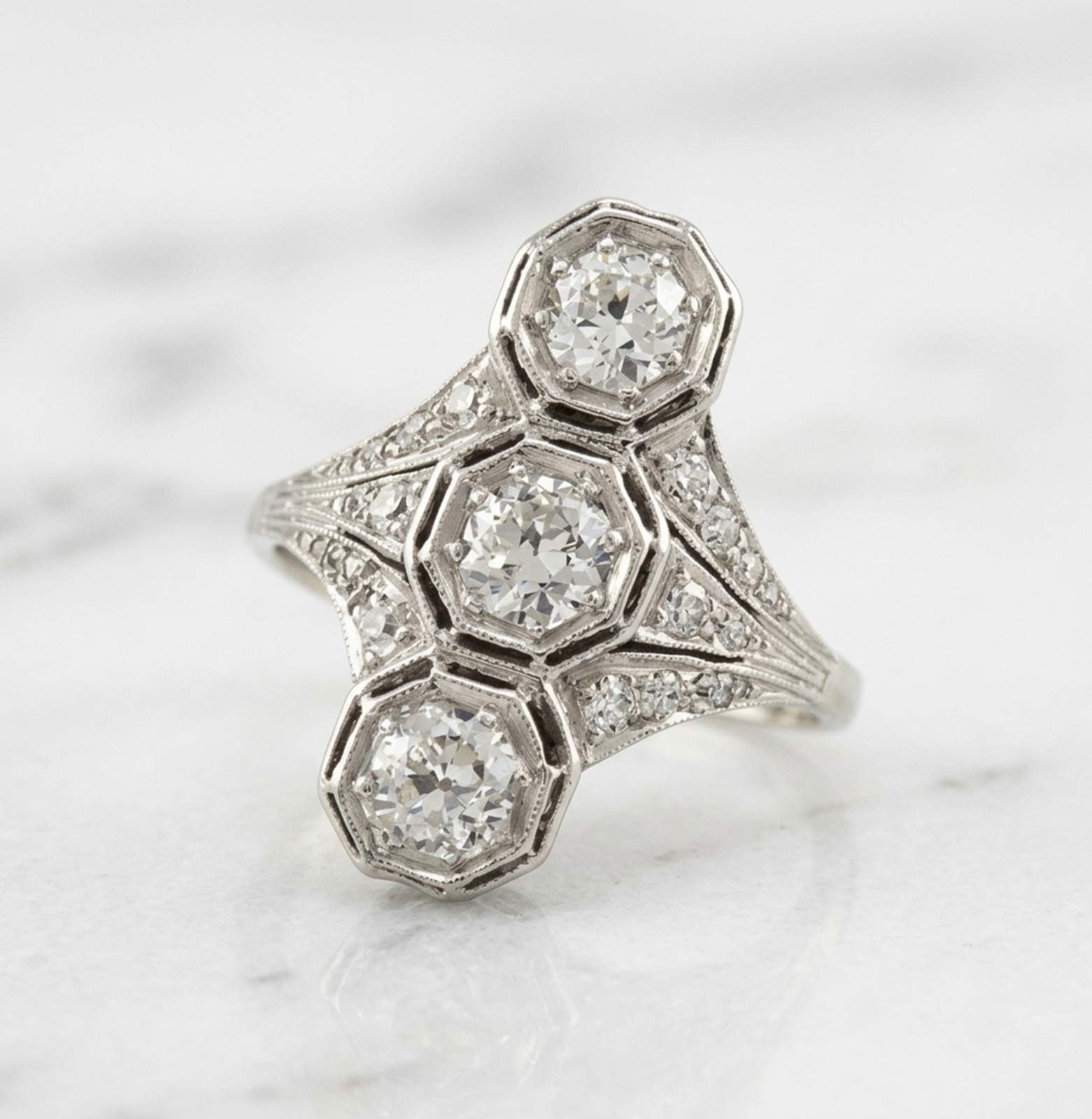 Old European Cut Lab Created Diamond 14K Gold Vintage Style Trilogy Dinner Ring