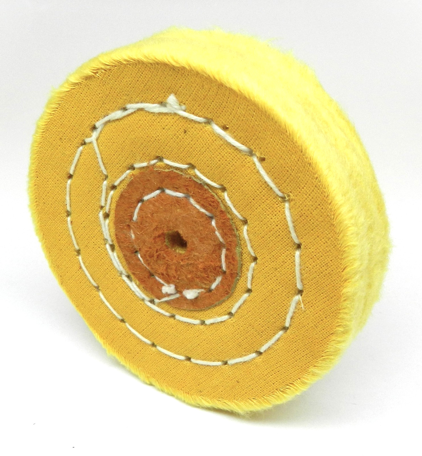 3″ Muslin Yellow Buff Wheel Chemkote Treated 50Ply 3Row Stitched Leather Center
