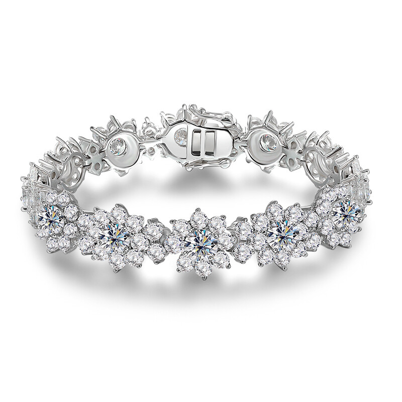 Real Round Moissanite Cluster Flower Tennis Bracelet 925 Sterling Silver Chain