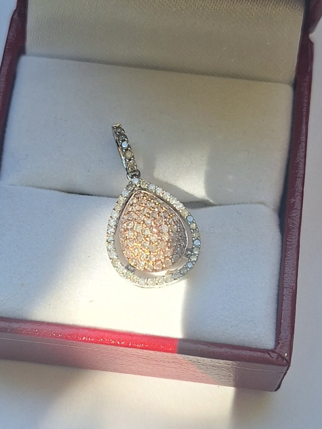 14 kt. Rose & White Gold 1/2 carat Teardrop dangle Pave pendant.