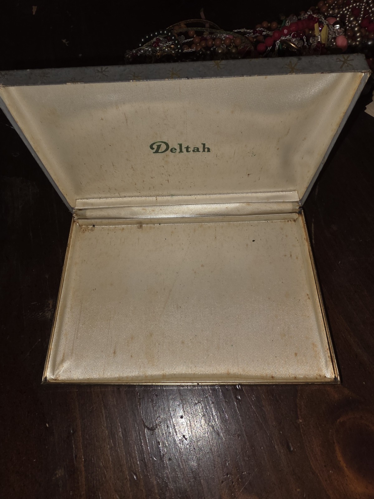 Deltah Metal Hinged Jewelry Box, Gray Star Theme, Satin Lined Rectangle