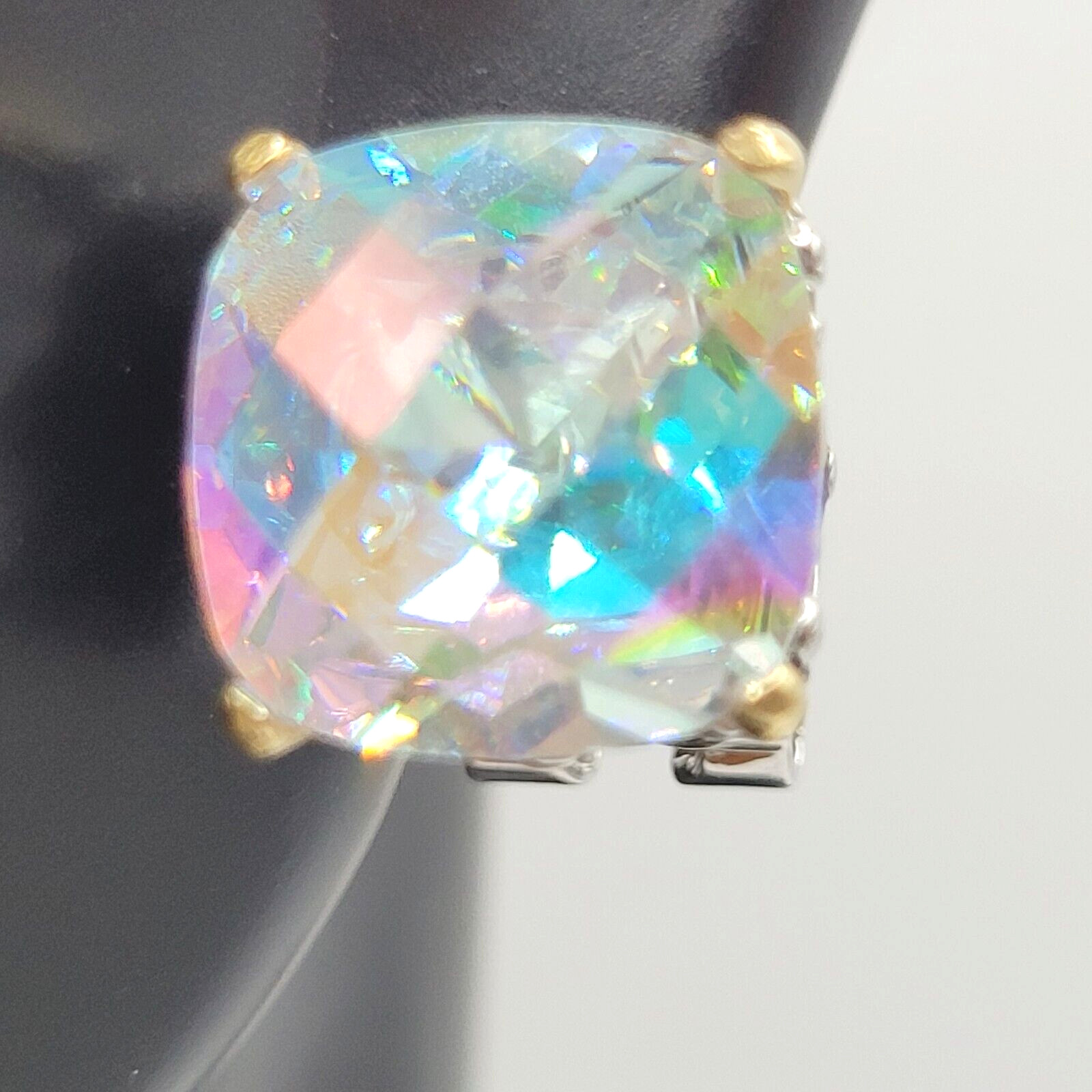 Modern Rainbow AB Crystal Square Stud Two Tone Ornate Frame Pierced Earrings