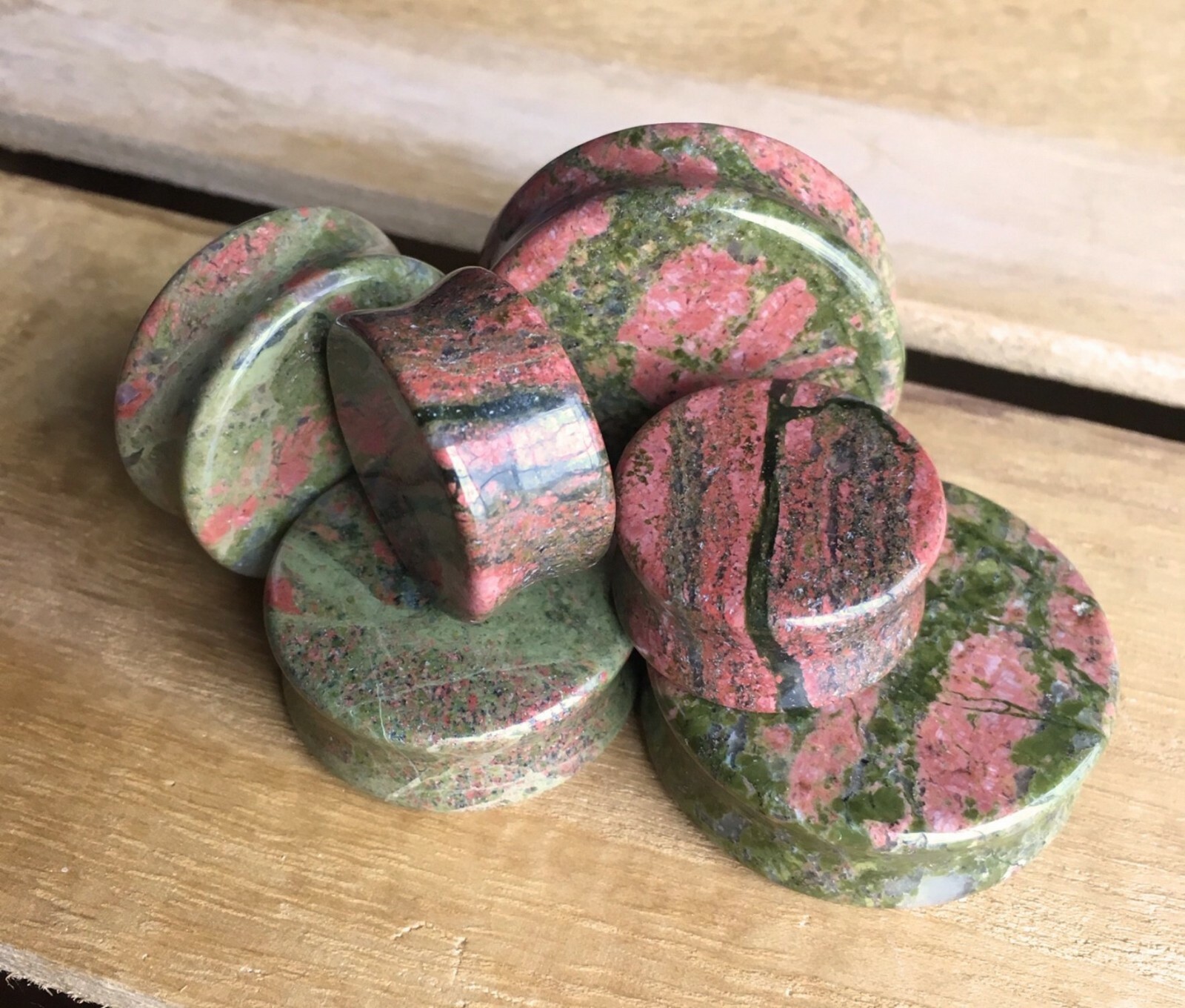 PAIR Unakite Organic Stone Plugs Gauges – 3mm (8g) up to 38mm (1.5″) available!