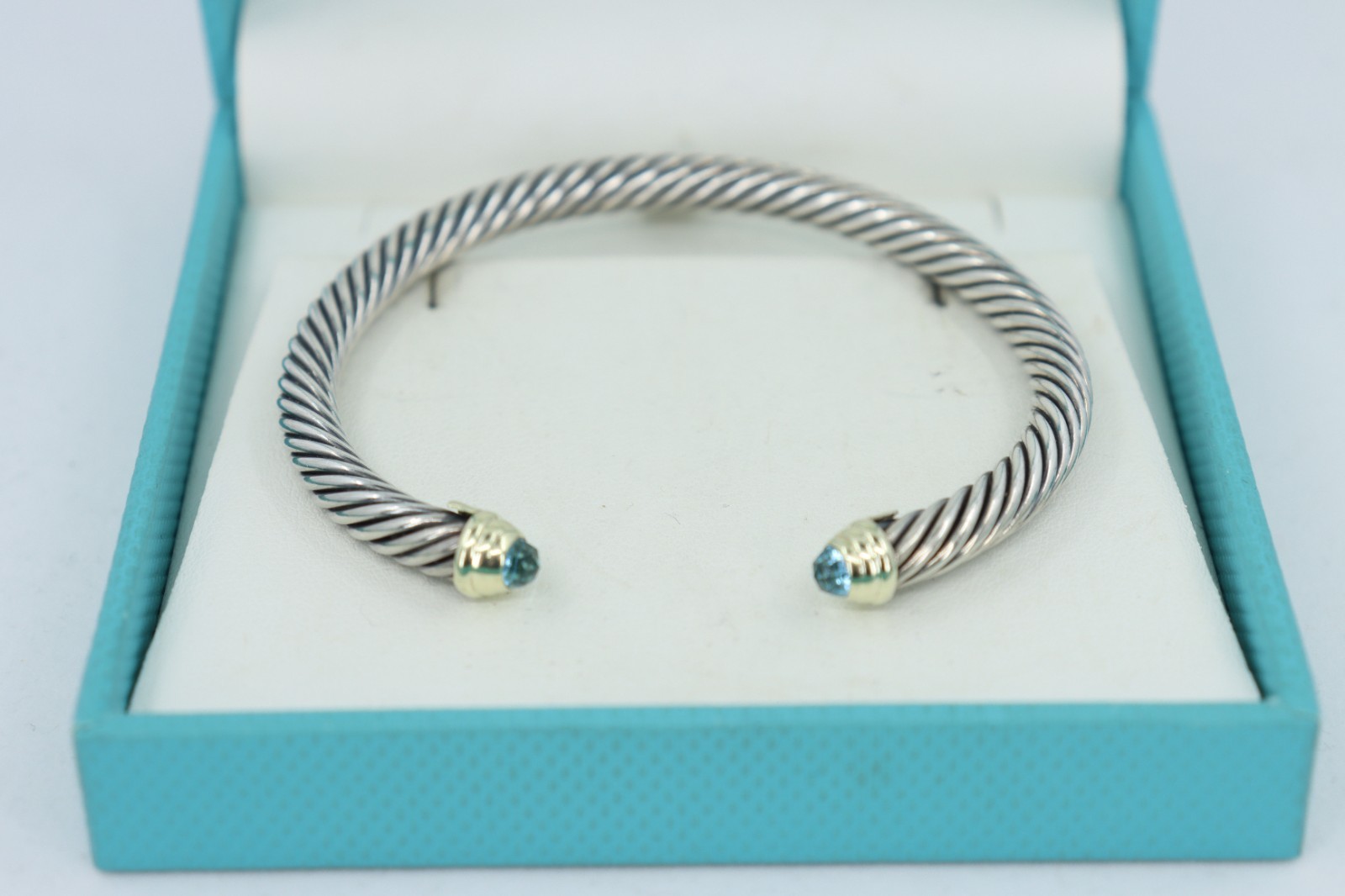 David Yurman Cable Classics Blue Topaz Cuff Bracelet, 5mm Cable, Sterling & 14K