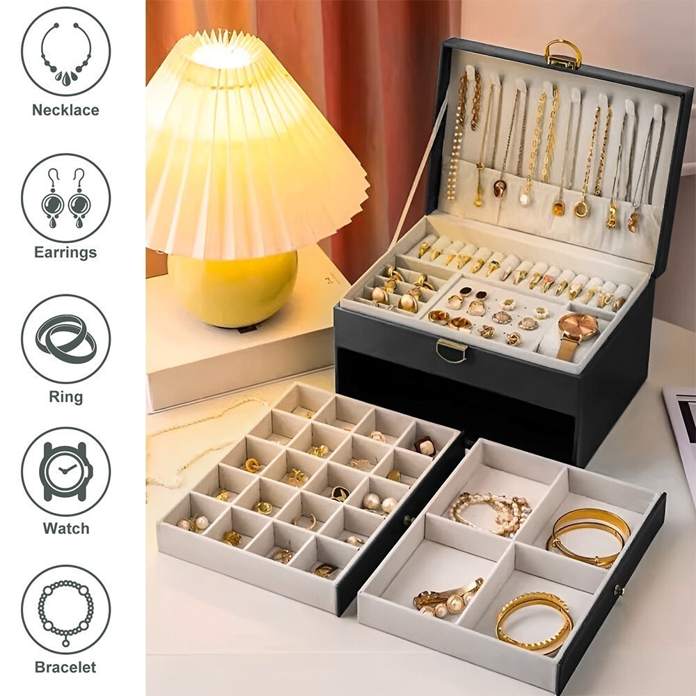 3 Layers Jewelry Box Organizer Large Capacity Ring Earring Necklace Storage Case