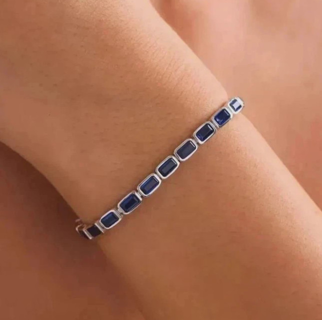 12 Ctw Emerald Cut Created Blue Sapphire Tennis Bracelet 14K White Gold Plated