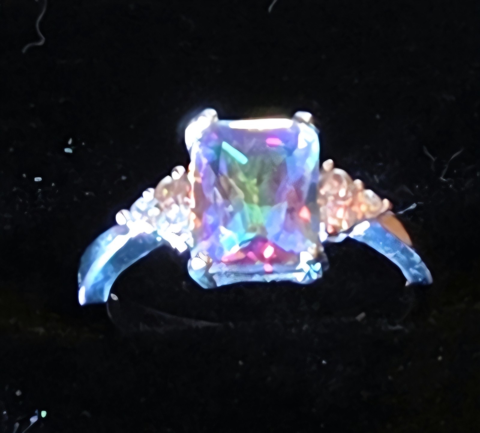 Sterling 925 Emerald Cut Multi Mystic Topaz Size 7 Ring w/6 Clear Accent Stones
