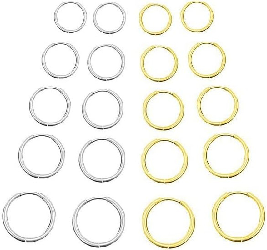 10Pairs Titanium Earrings Stainless Steel Hoop Earrings Set, 8mm to 16mm Small H