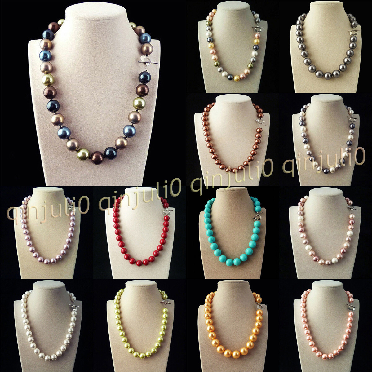 Beauty 8/10/12/14mm Multicolor South Sea Shell Pearl Round Beads Necklace 18”
