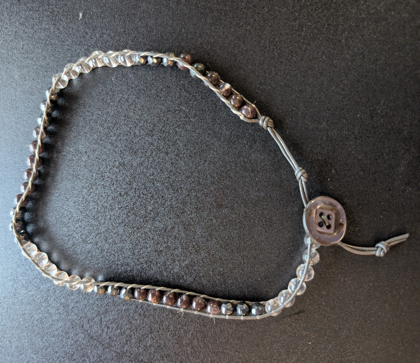 Brown & Silver Tone Beaded Choker Cord Chain Button Closure Adjustable 7″