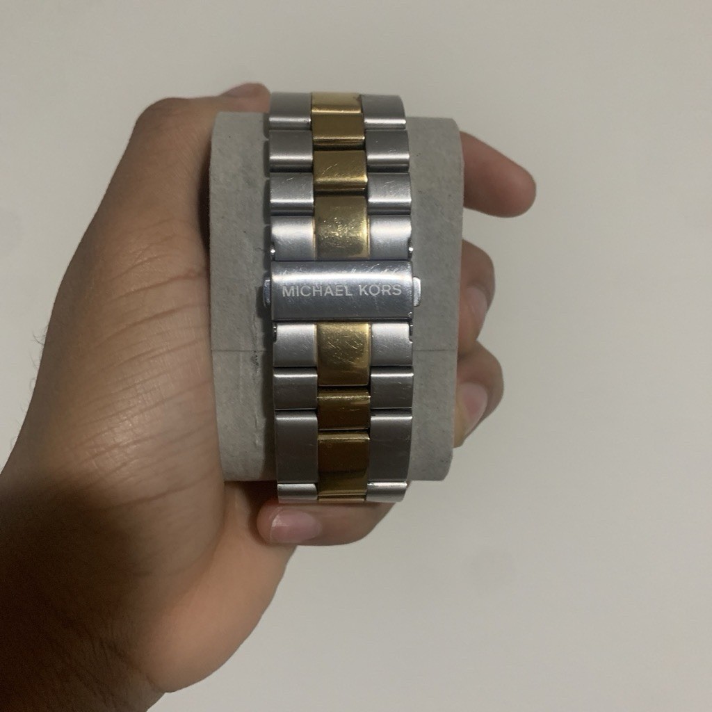 Michael Kors Dylan Chronograph, silver dial, two-tone steel bracelet.