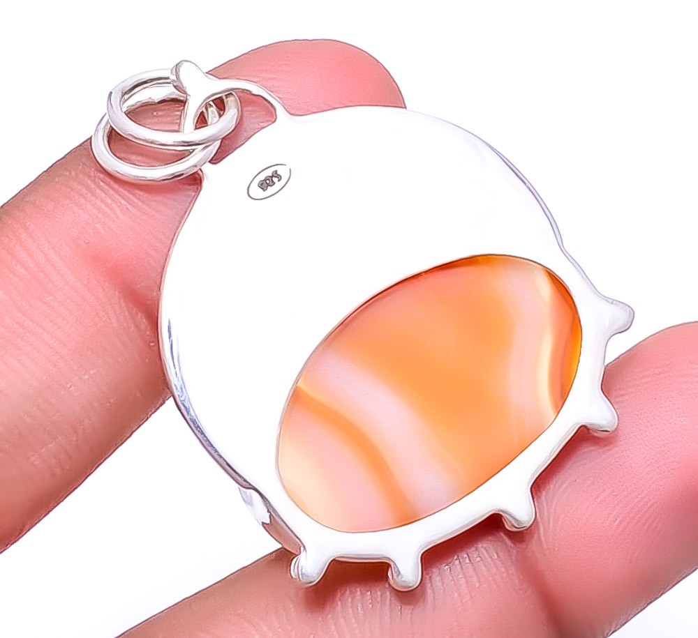 Orange Banded Agate 925 Sterling Silver Pendant 1.72″ P454, Christmas Gift