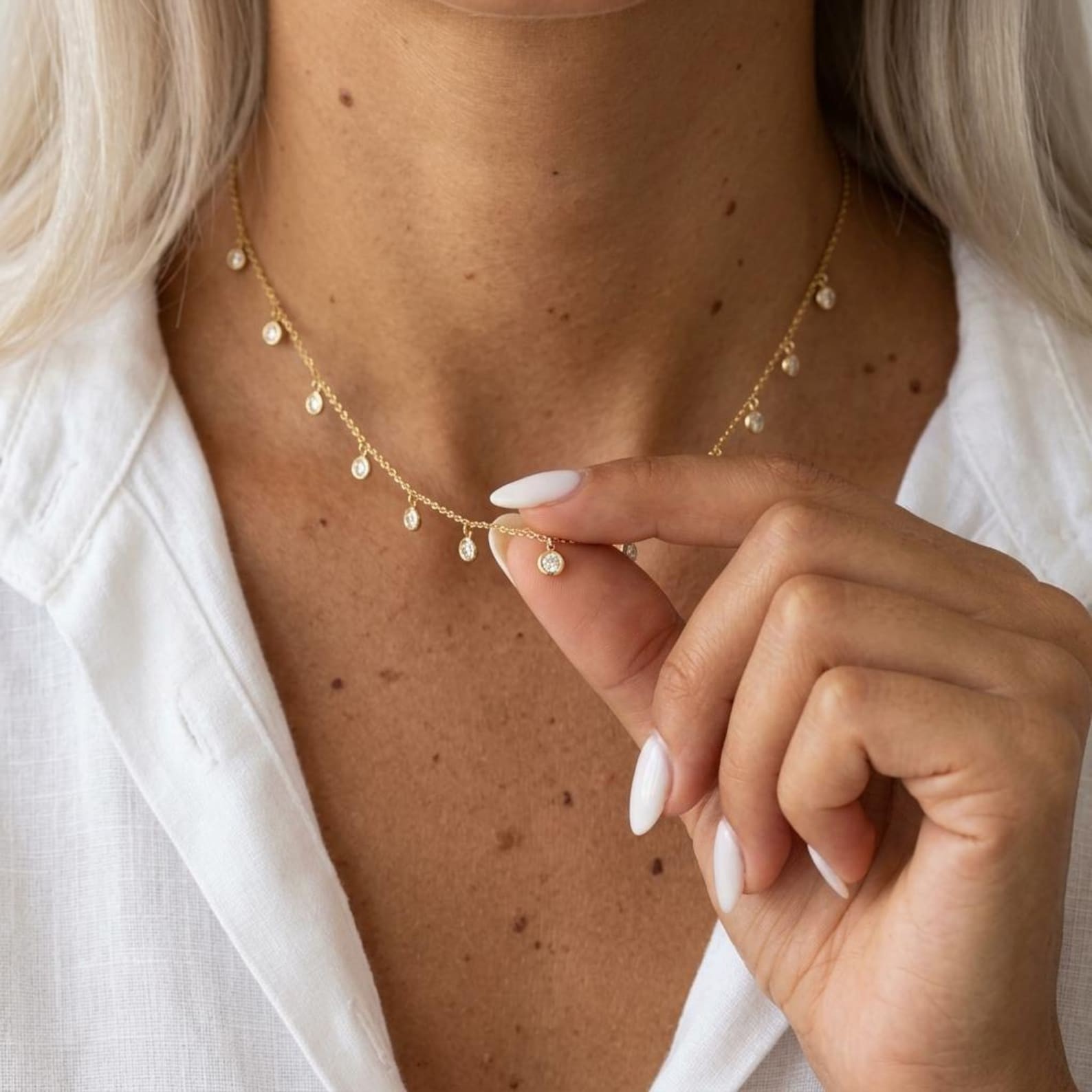14k Yellow Gold Round Natural Diamond By Yard Station Necklace For Bridal Gift