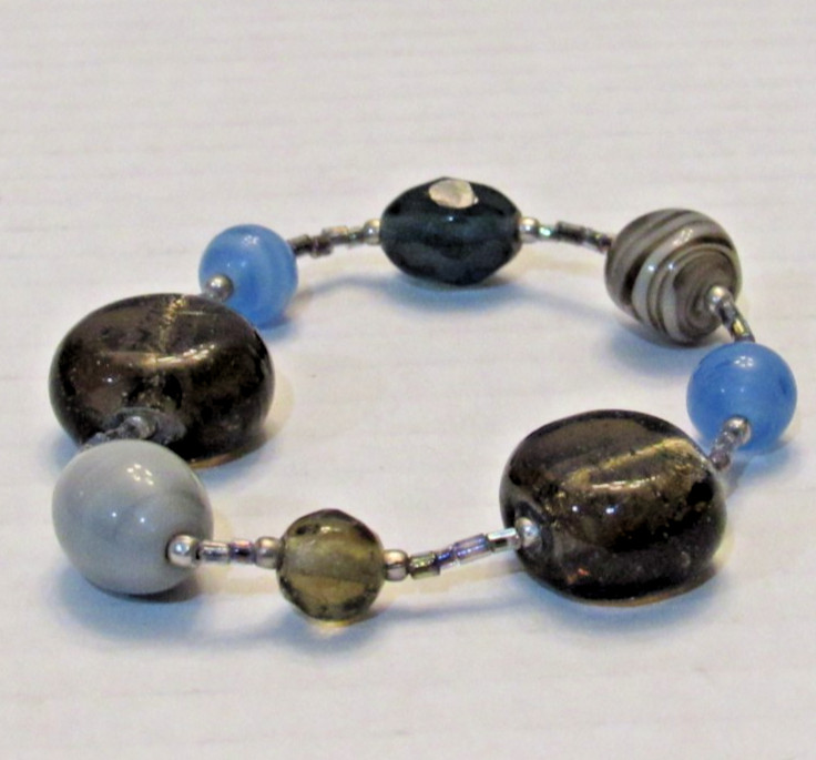 2 Handmade Lampwork Glass Bracelet Brown Blue Swirl Beaded Artisan 6.5in