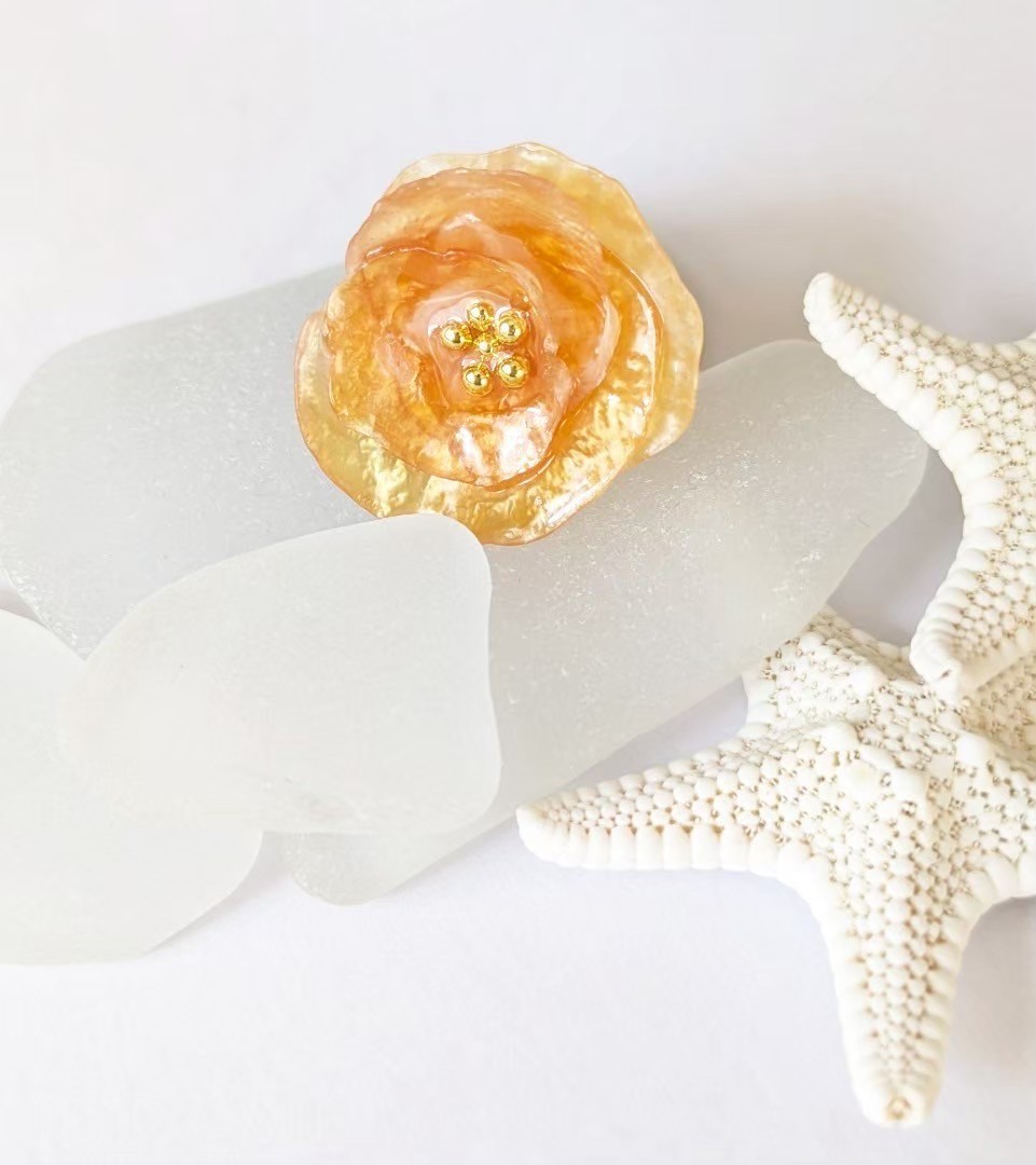 Handmade Orange Shell Flower Ring Adjustable Boho Statement Jewelry Gold Plated