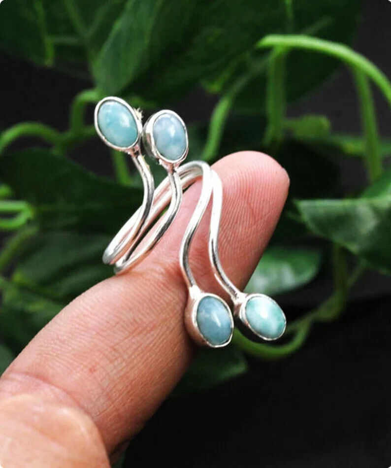 Solid 925 Silver Larimar Ring Handmade Statement Adjustable Ring All Size SR177