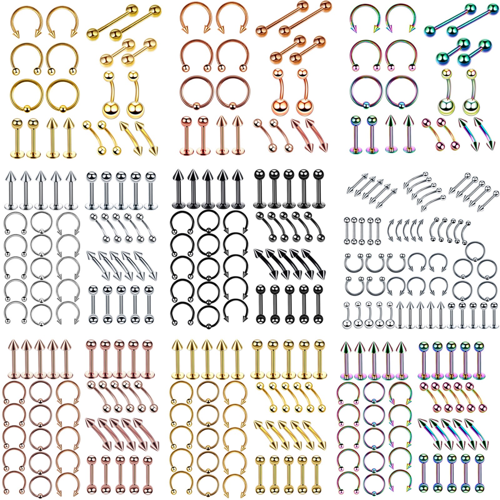 14G 16G Mixed Body Piercing Kit 20-60PCS Nose Ring Navel Belly Lip Eyebrow Studs